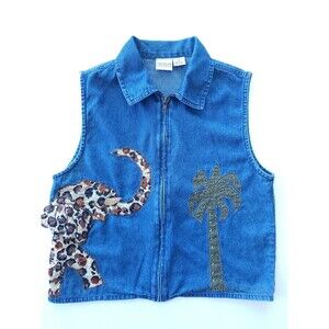 Vintage Carolina Colours Denim Vest M Elephant Palm Tree Safari Beaded Zip Up
